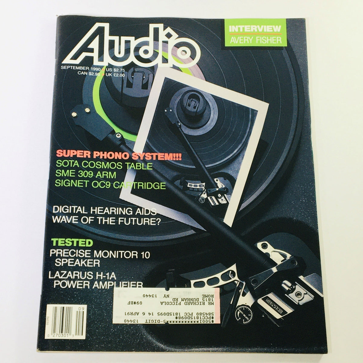 Audio Magazine September 1990 featuring Sota Cosmos turntable, SME 309 tonearm, and OC9 cartridge on the cover, highlighting advanced audio equipment with colorful graphics and bold title.