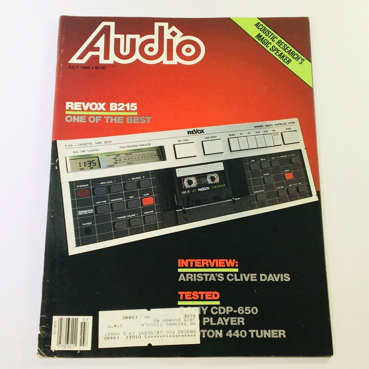 Cover of the Vintage Audio Magazine from July 1985 featuring the title 'Audio' and the Revox B215. Includes an interview with Arista's Clive Davis and highlights the audio technology of the era.
