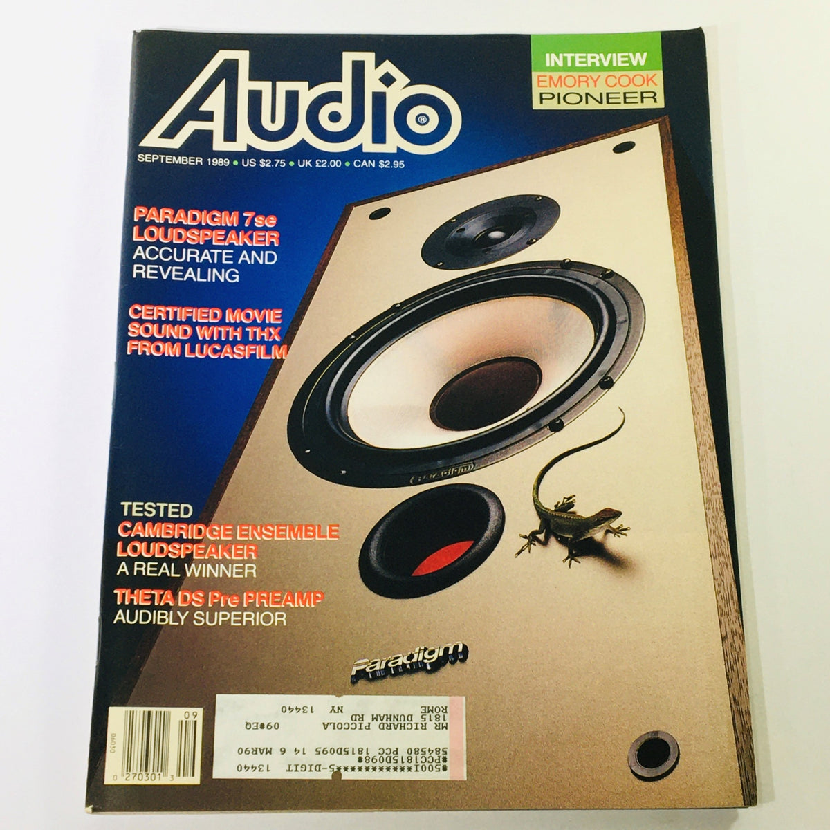 Cover of VTG Audio Magazine September 1989 featuring Paradigm 7se Loudspeaker and Theta DS Pre Amp, showcasing vibrant graphics and headlines about audio technology.