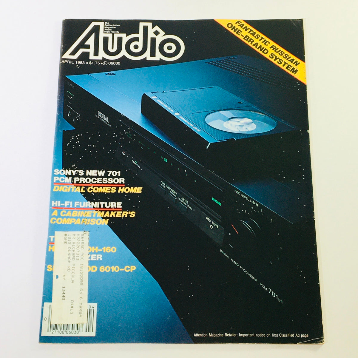Cover of VTG Audio Magazine April 1983 featuring Sony's new 701 PCM Processor and articles on Hi-Fi Furniture, showcasing vintage audio technology and design.
