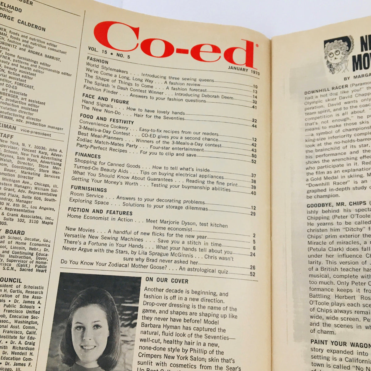 Inside view of Co-ed Magazine January 1970 Vol. 15 No. 5, displaying the table of contents with featured articles on fashion, cooking, and beauty, alongside a profile of model Barbara Hyman.