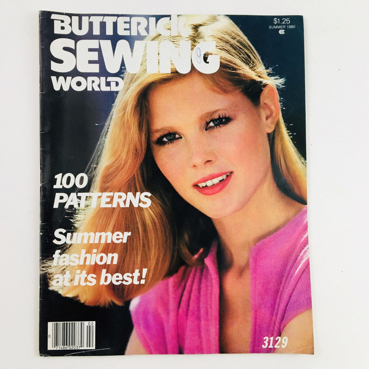 Cover of Butterick Sewing World Magazine from Summer 1980 featuring the title 'Butterick Sewing World Magazine Summer 1980 Sun-Kissed Skin Complement', showcasing summer fashion with a model and emphasizing '100 Patterns' in bold text.