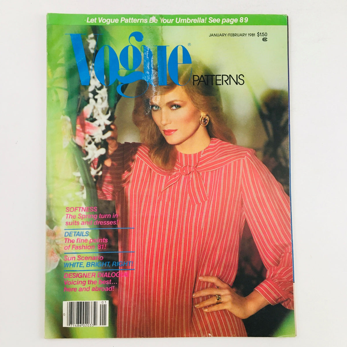 Vogue Patterns Magazine January 1981 cover featuring a model in a striped blouse, emphasizing the theme "The Spring Turn In Suits & Dresses" and showcasing vintage fashion.