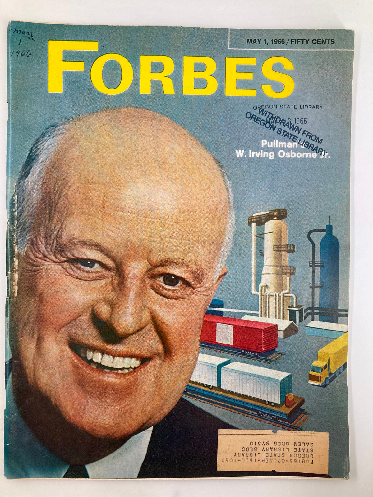 Cover of VTG Forbes Magazine May 1 1966 featuring W. Irving Osborne Jr. with industrial background and magazine details.