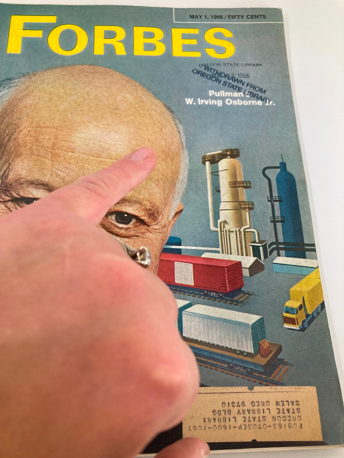 Close-up of the VTG Forbes Magazine May 1 1966 cover highlighting W. Irving Osborne Jr. and the 'Withdrawn from Oregon State Library' stamp.