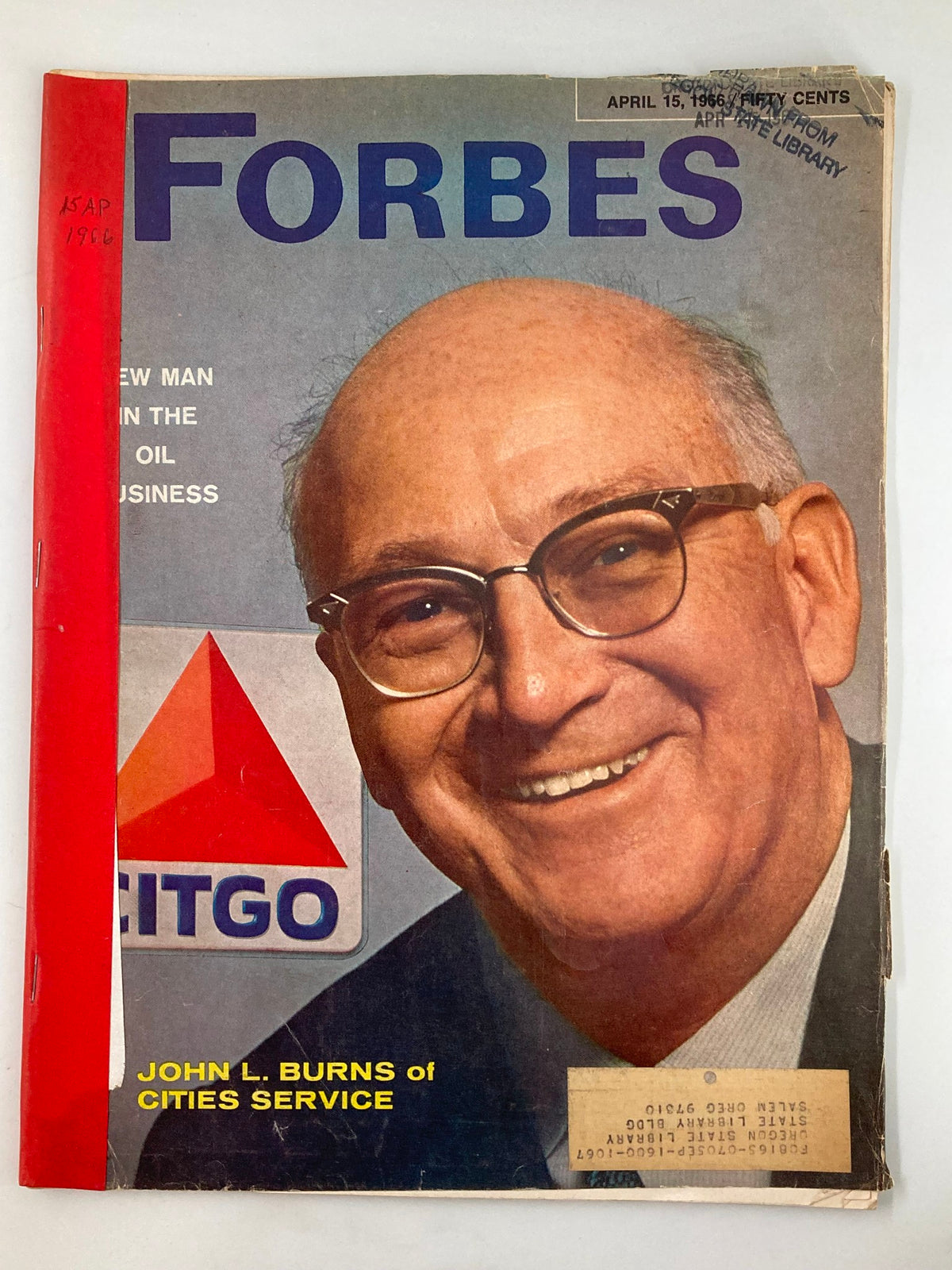 VTG Forbes Magazine April 15 1966 cover featuring John L. Burns of Cities Service, with a photo of Burns and a Citgo logo, showcasing vintage editorial design and historical significance.
