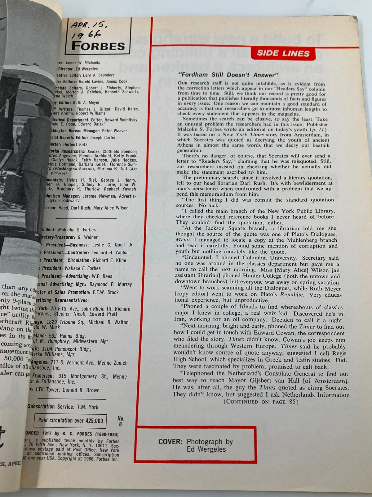 Inside page of the VTG Forbes Magazine April 15, 1966, displaying editorial details and publication information, providing a glimpse into the magazine's content and historical context.