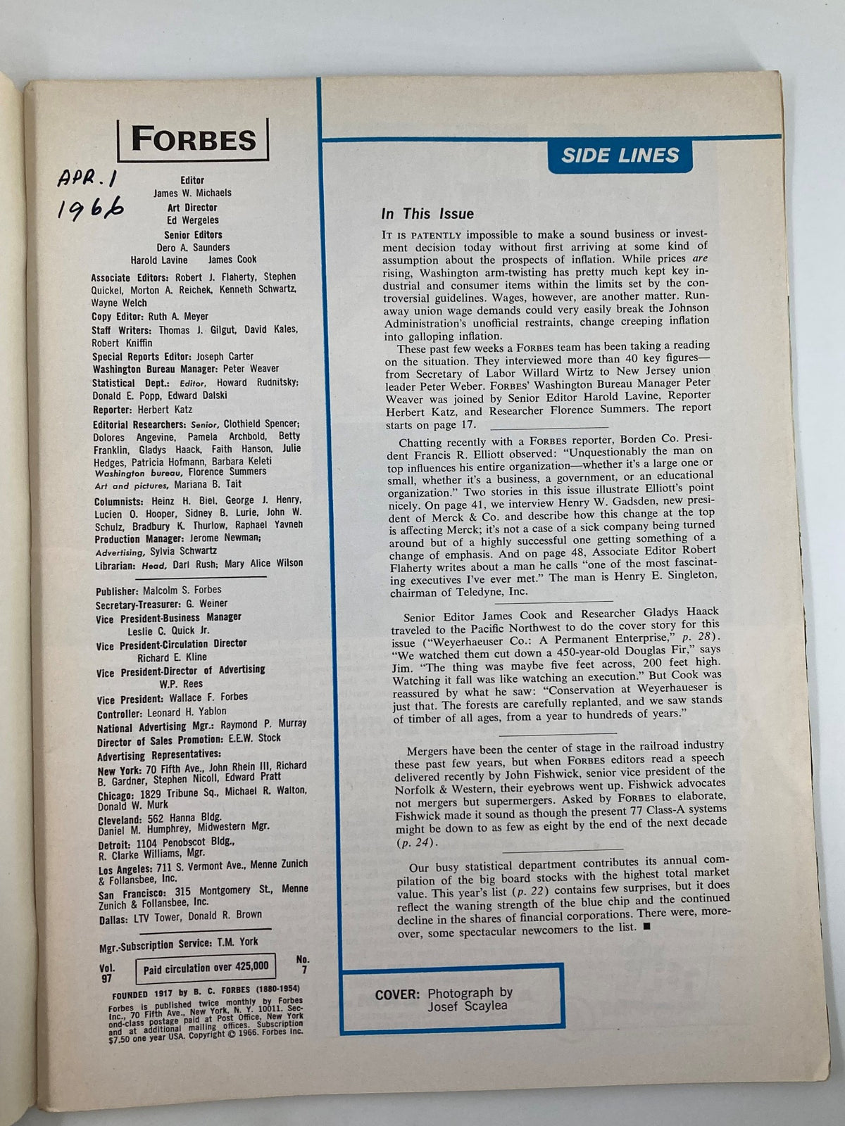 Inside page of VTG Forbes Magazine April 1 1966 displaying editorial details and content list, emphasizing the publication's focus on business insights from the 1960s.