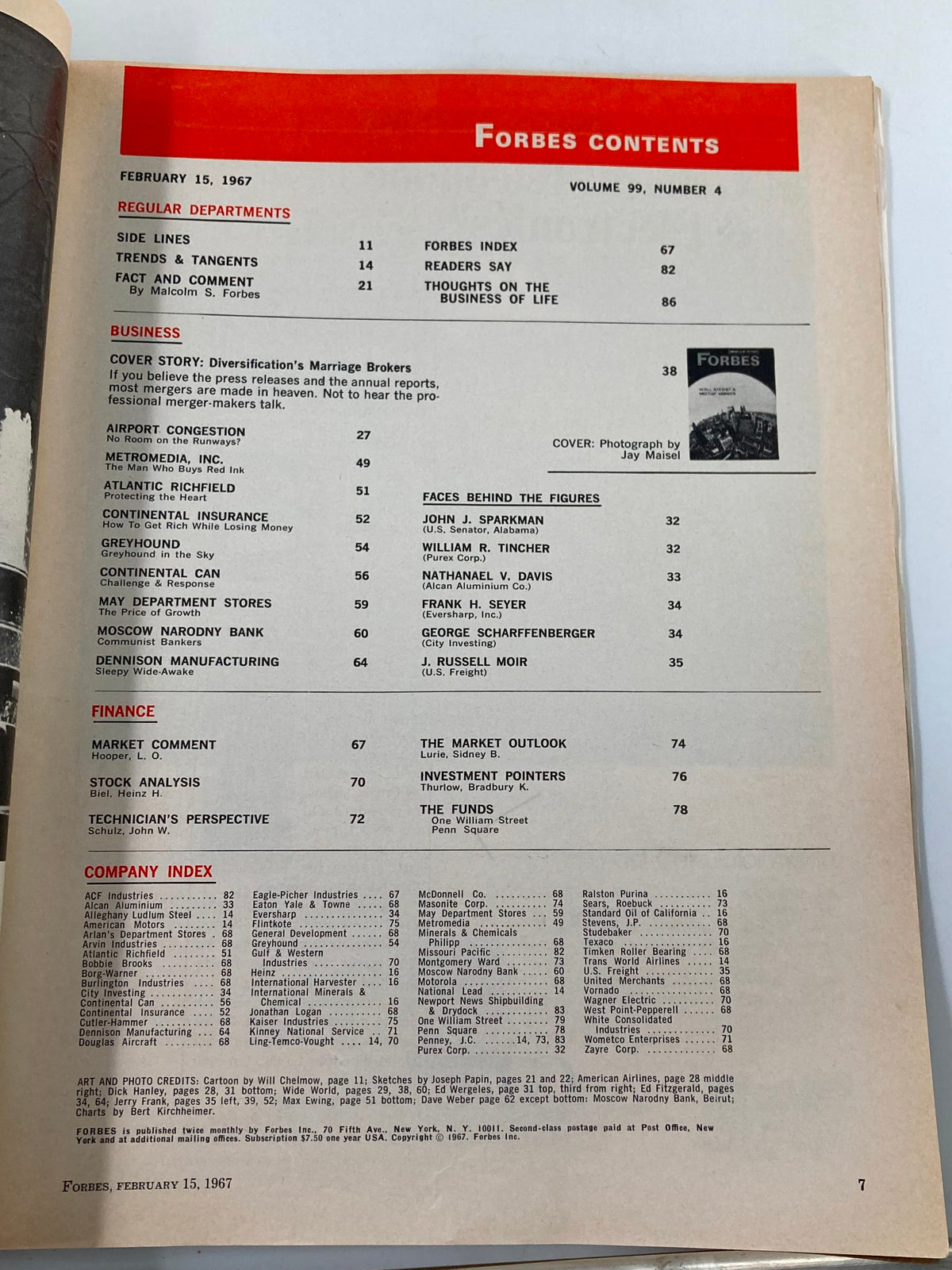 Contents page of VTG Forbes Magazine February 15 1967, detailing articles and features including Wall Street's Merger Makers.