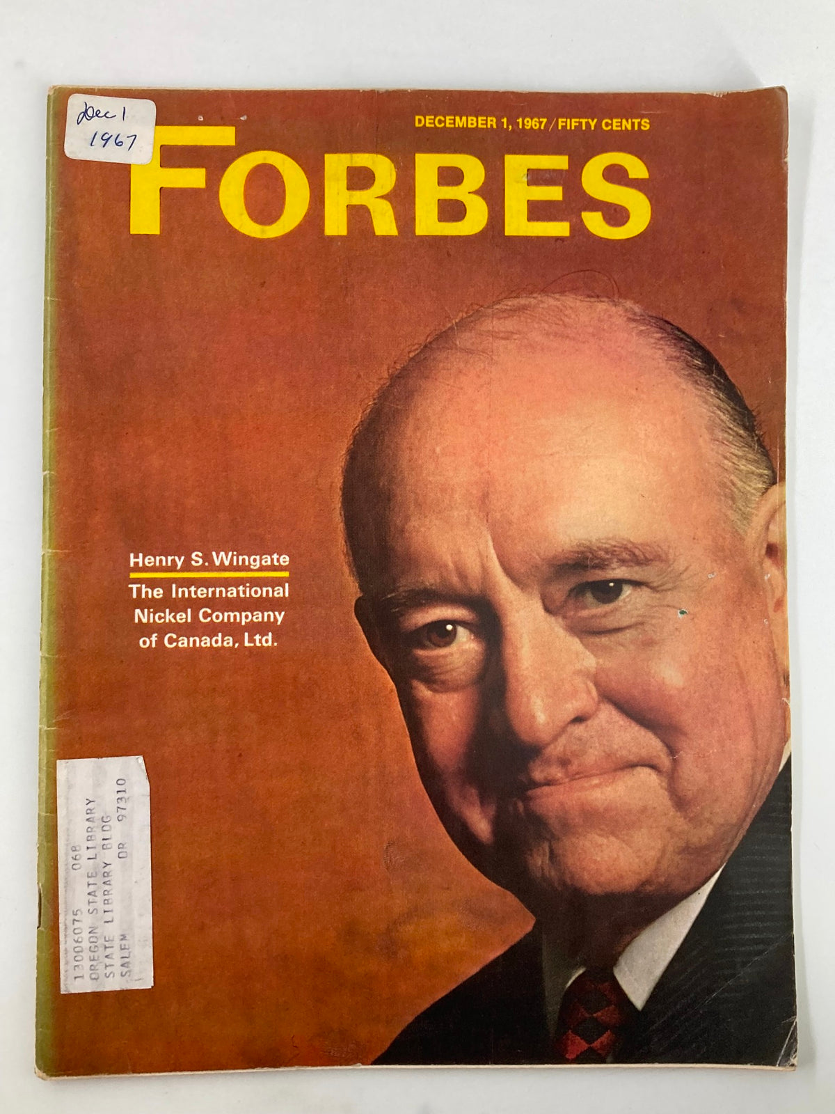 Cover of VTG Forbes Magazine December 1 1967 featuring Henry S. Wingate, highlighting The International Nickel Company of Canada Ltd.