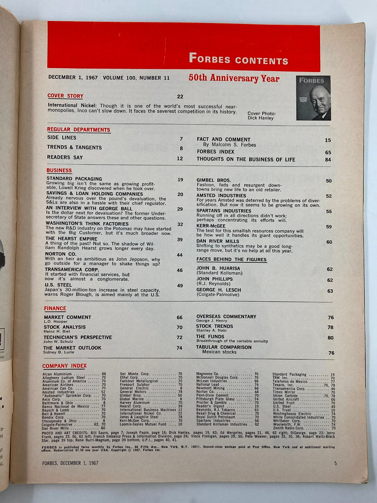 Contents page of the VTG Forbes Magazine December 1 1967, showcasing articles and features relevant to the business landscape of the time.