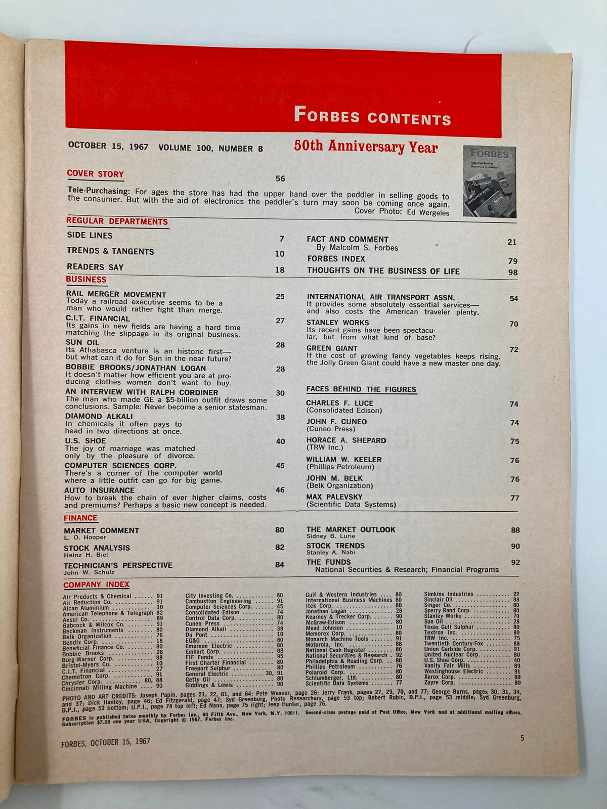 Contents page of VTG Forbes Magazine October 15, 1967, detailing articles and departments including the feature on tele-purchasing in retail.