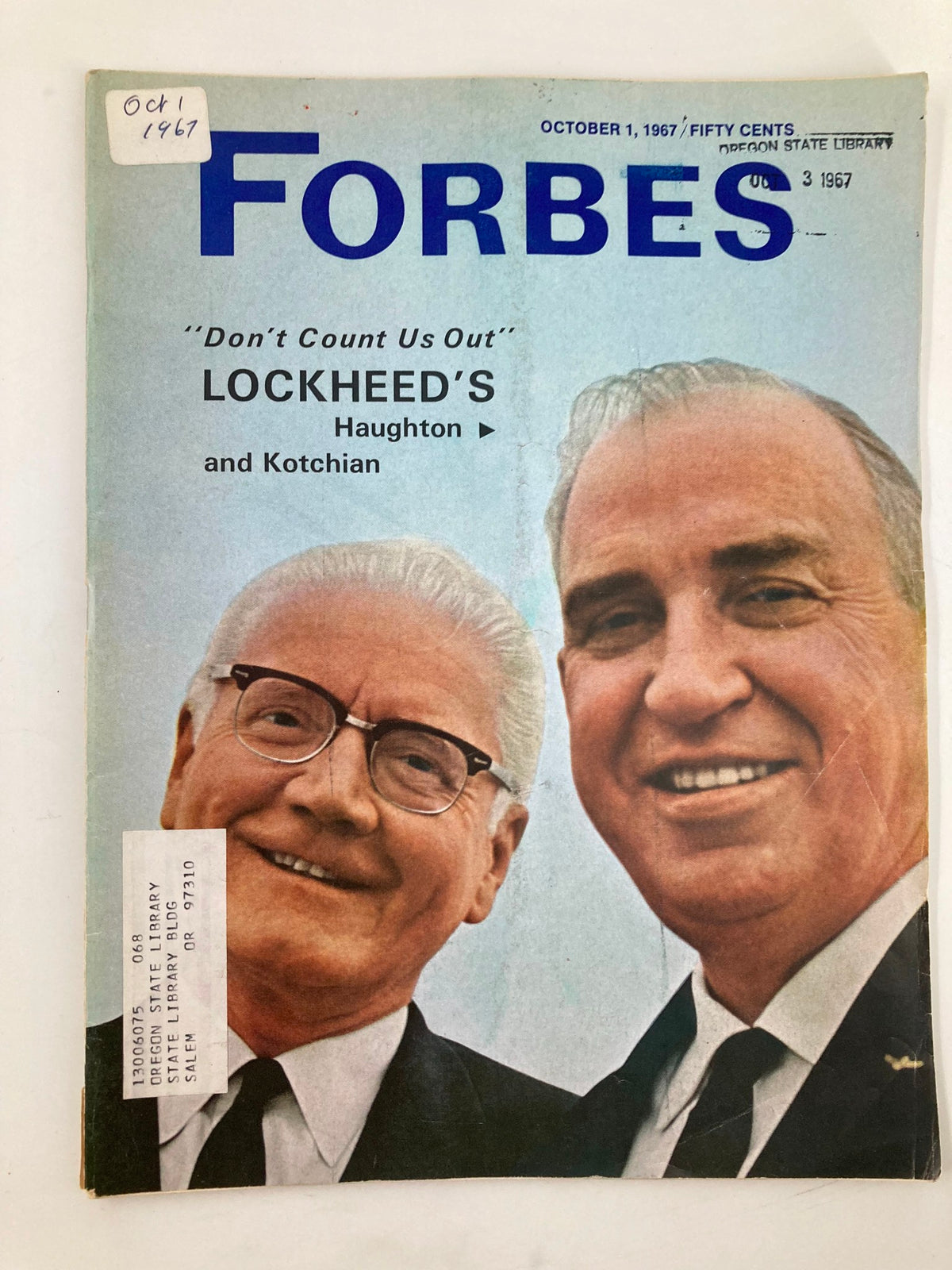 VTG Forbes Magazine October 1 1967 cover featuring Lockheed's Haughton and Kotchian, showcasing a vintage design and historical significance.