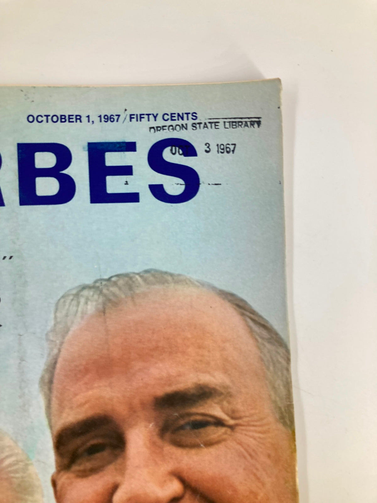 Close-up view of the cover of VTG Forbes Magazine from October 1, 1967, featuring the title FORBES and a library stamp from Oregon State Library.