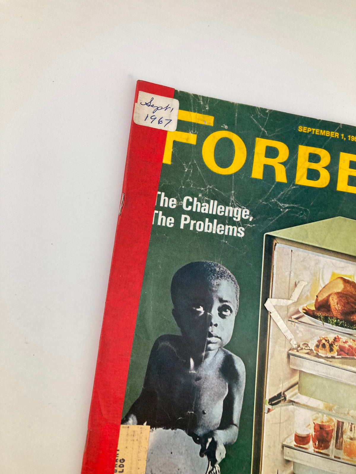 Close-up of the cover of VTG Forbes Magazine September 1 1967 displaying the title and a poignant image related to world hunger.