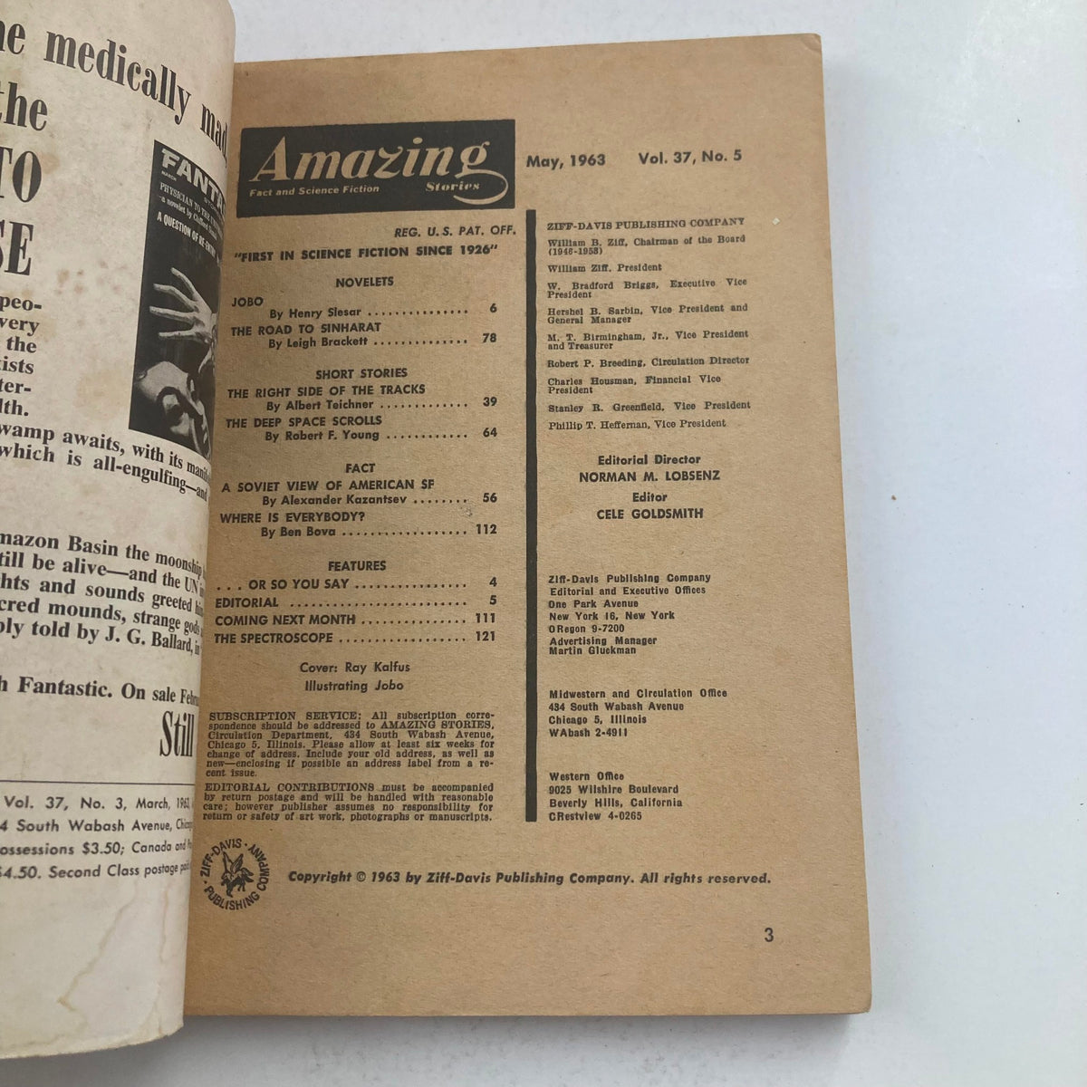 Interior page of Amazing Science Fiction Stories Magazines May 1963 showing the table of contents with titles and authors of featured stories including 'Jobo' and 'A Soviet View of American SF'.