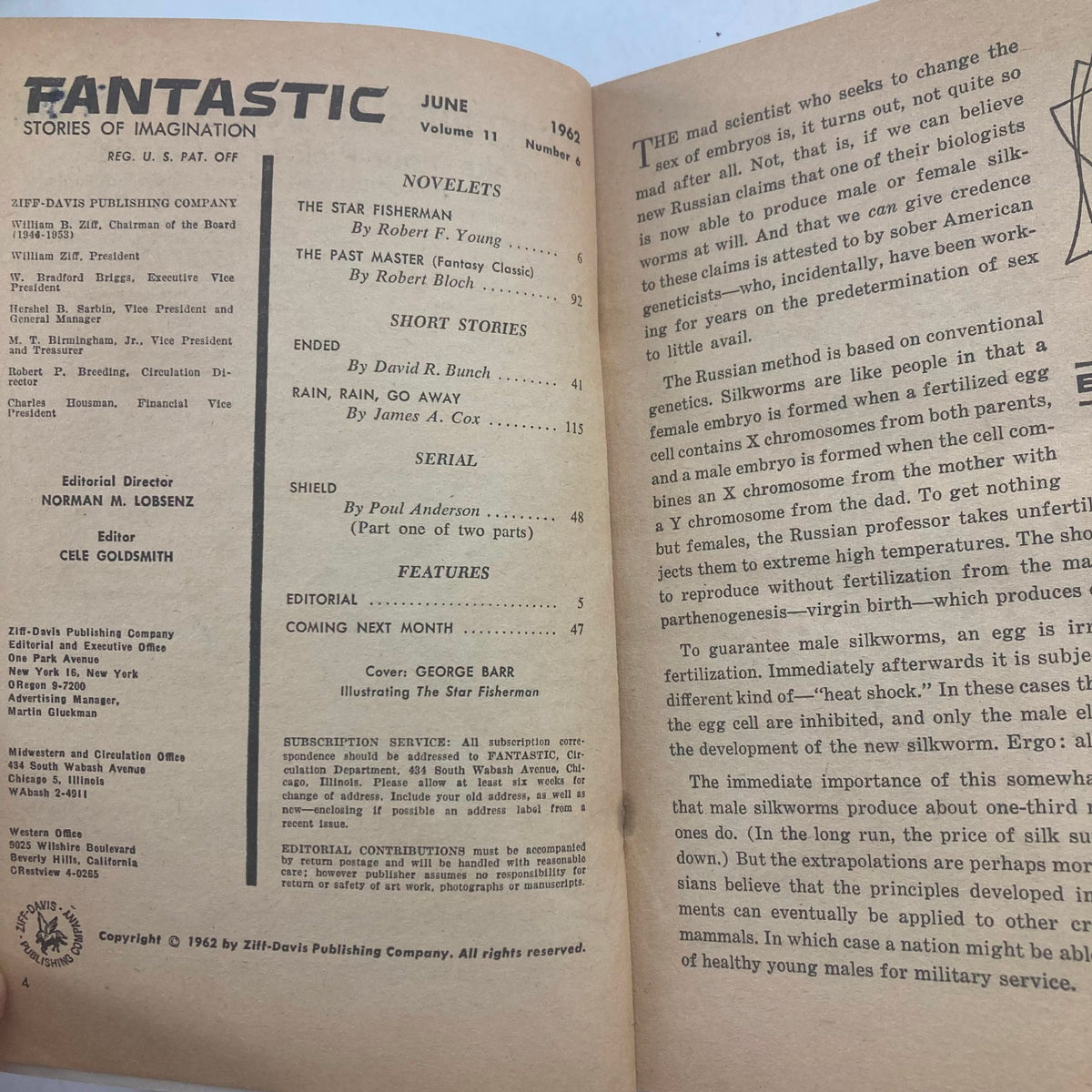 Table of contents page from Fantastic Stories of Imagination Magazine June 1962, detailing featured stories including 'The Star Fisherman' by Robert F. Young and editorial information.