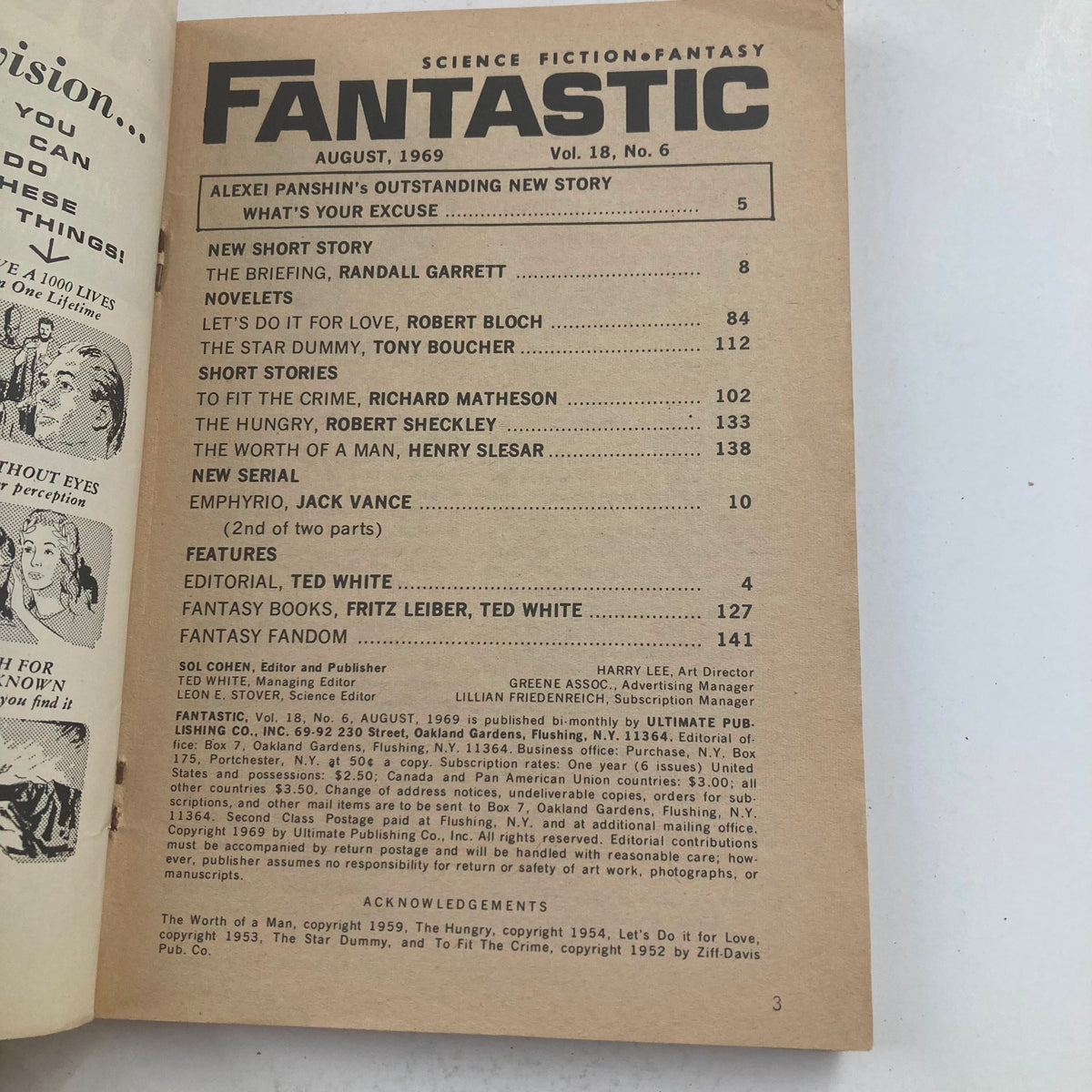 Table of contents page from Fantastic Magazine August 1969 Vol 18 No. 6 detailing short stories and features within the magazine.