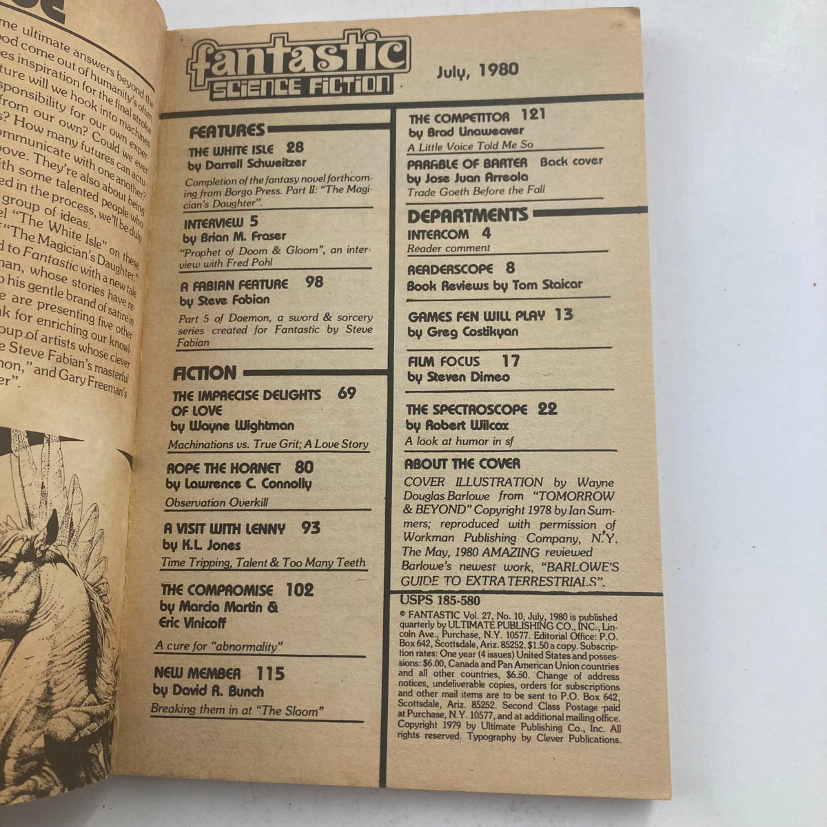 Table of contents page from the Fantastic Science Fiction Magazine July 1980 showcasing featured stories and articles including ‘The Magician's Daughter’.