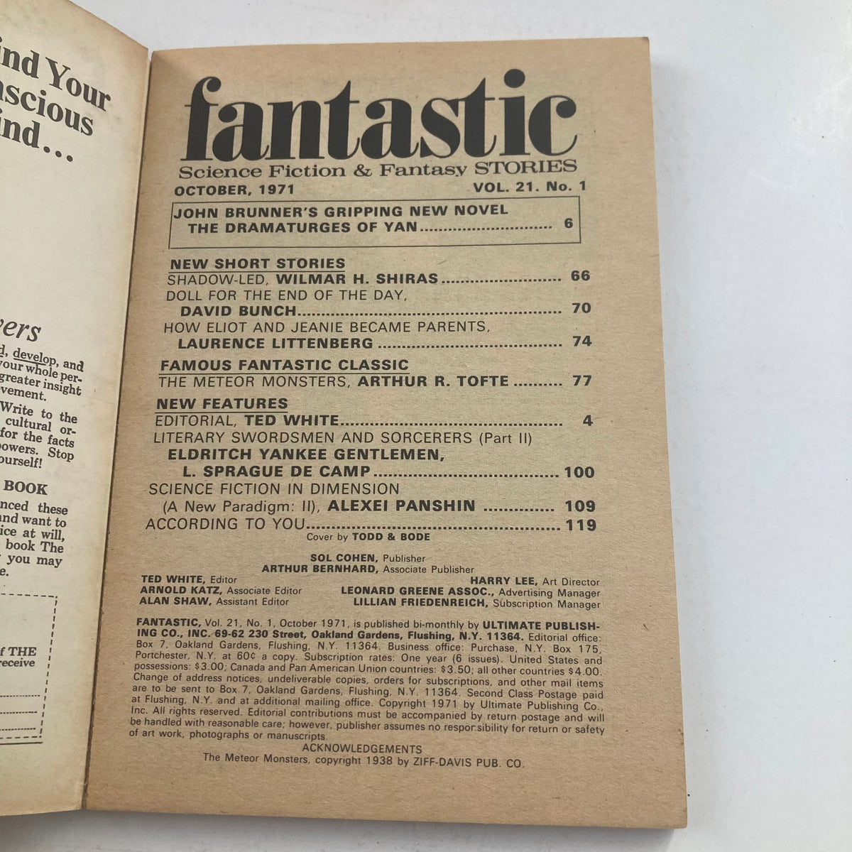 Contents page of Fantastic Science Fiction Magazine - October 1971 detailing featured stories, including 'The Dramaturges of Yan' and other notable works.