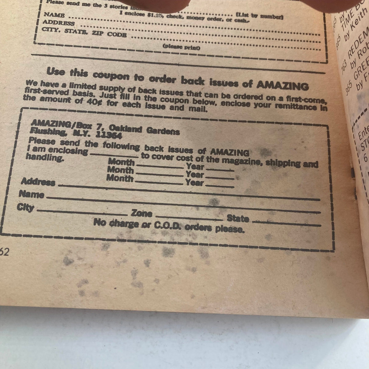 Order form for back issues from Amazing magazine included in the March 1967 issue of Fantastic Science Fiction Magazine.