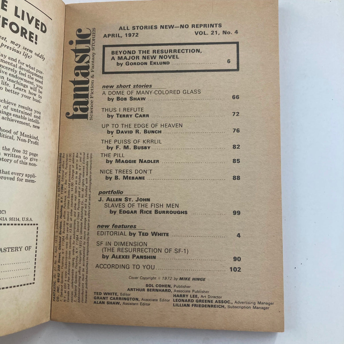 Interior page of Fantastic Magazine April 1972 Vol 21 No. 4 displaying the contents, including stories like Beyond the Resurrection by Gordon Eklund.