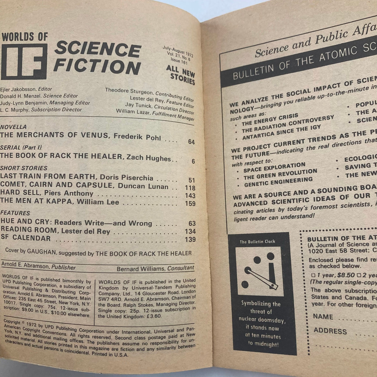 Interior page of If Science Fiction Magazine July 1972 Vol 21 No 6 displaying the table of contents and details about the featured novella 'The Merchants of Venus' by Frederik Pohl, with a vintage layout.