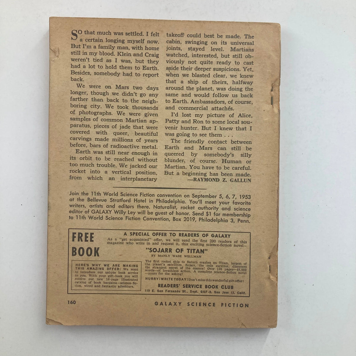 Back cover of Galaxy Science Fiction Magazine August 1953 Vol 6 No. 5, featuring an excerpt from a story and a promotion for the 11th World Science Fiction convention.