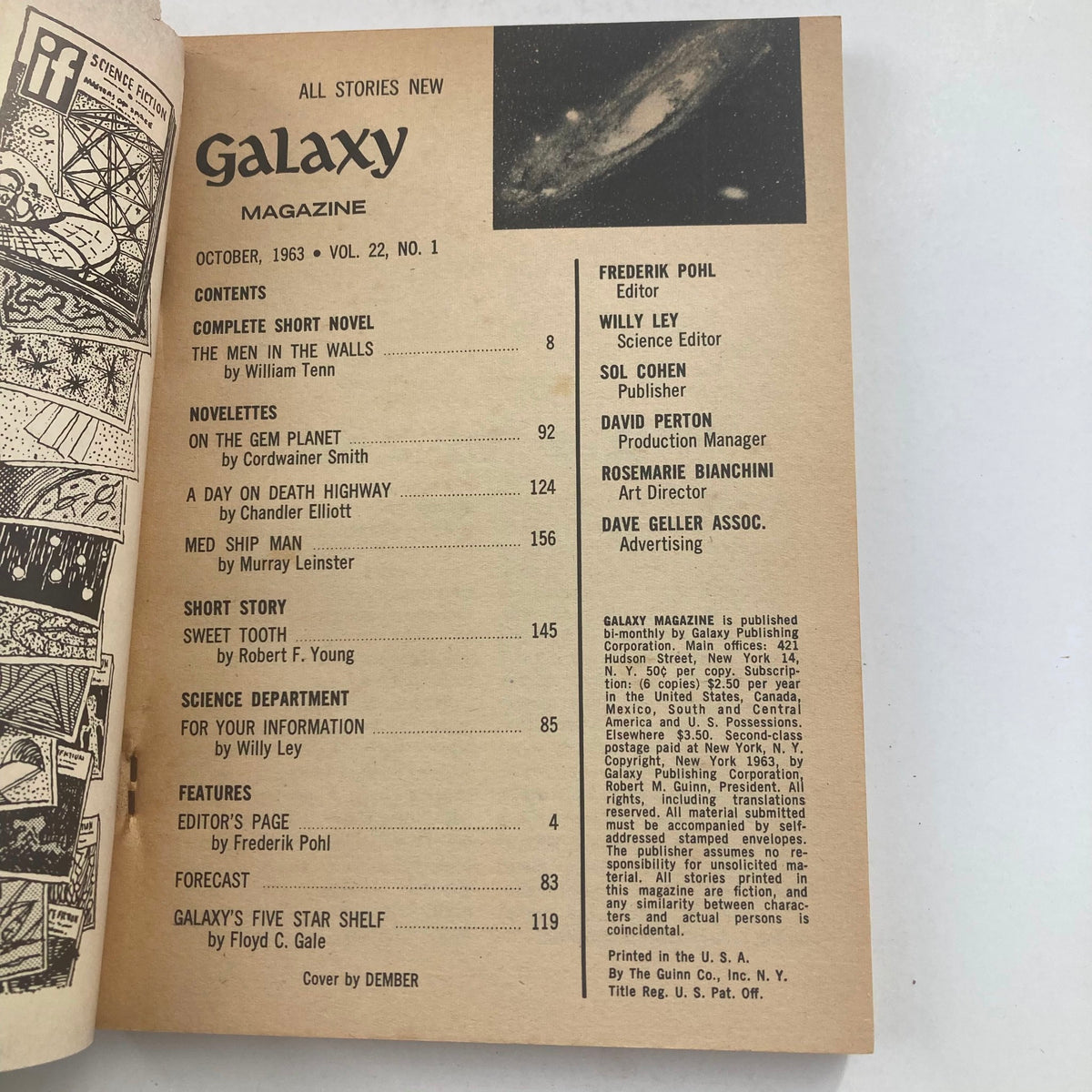 Interior page of Galaxy Magazine October 1963 Vol 22 No. 1 featuring the contents list, including 'The Men in The Walls' and other stories, along with editorial information.