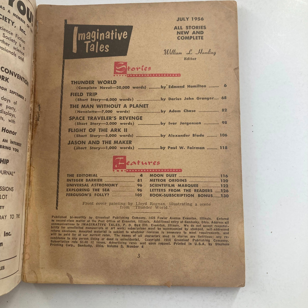 Inside page of Imaginative Tales Magazine July 1956 listing stories and features including 'Thunder World' by Edward Hamilton, showing the magazine's table of contents from the iconic sci-fi publication.
