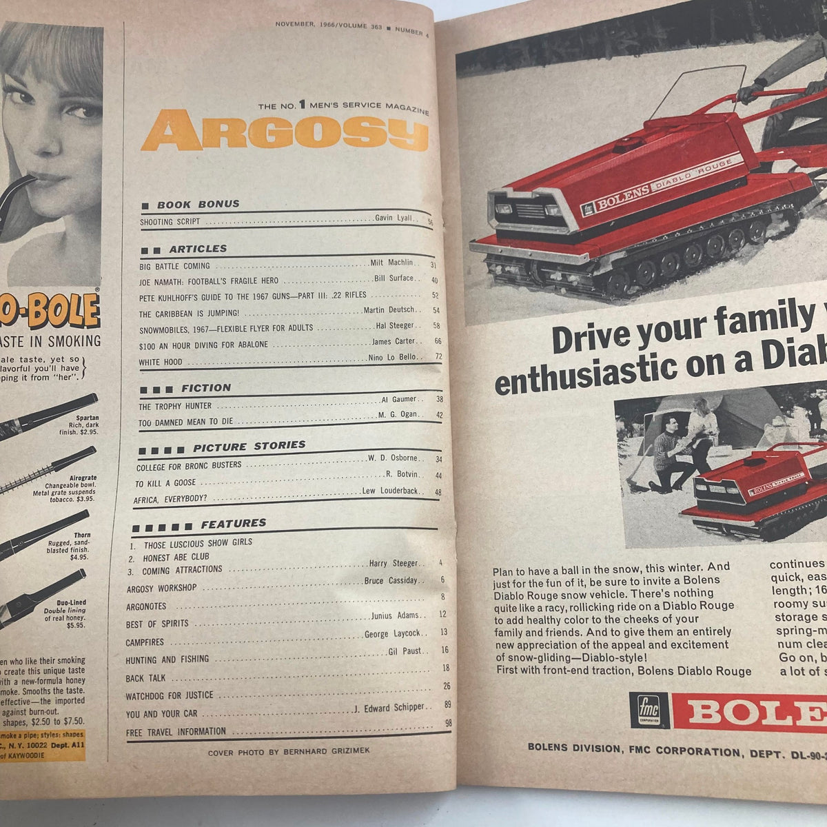 Inside pages of the VTG Argosy Magazine November 1966 Volume 363 Number 4, showing the table of contents and articles including 'Shooting Script' and 'Football's Fragile Hero'.