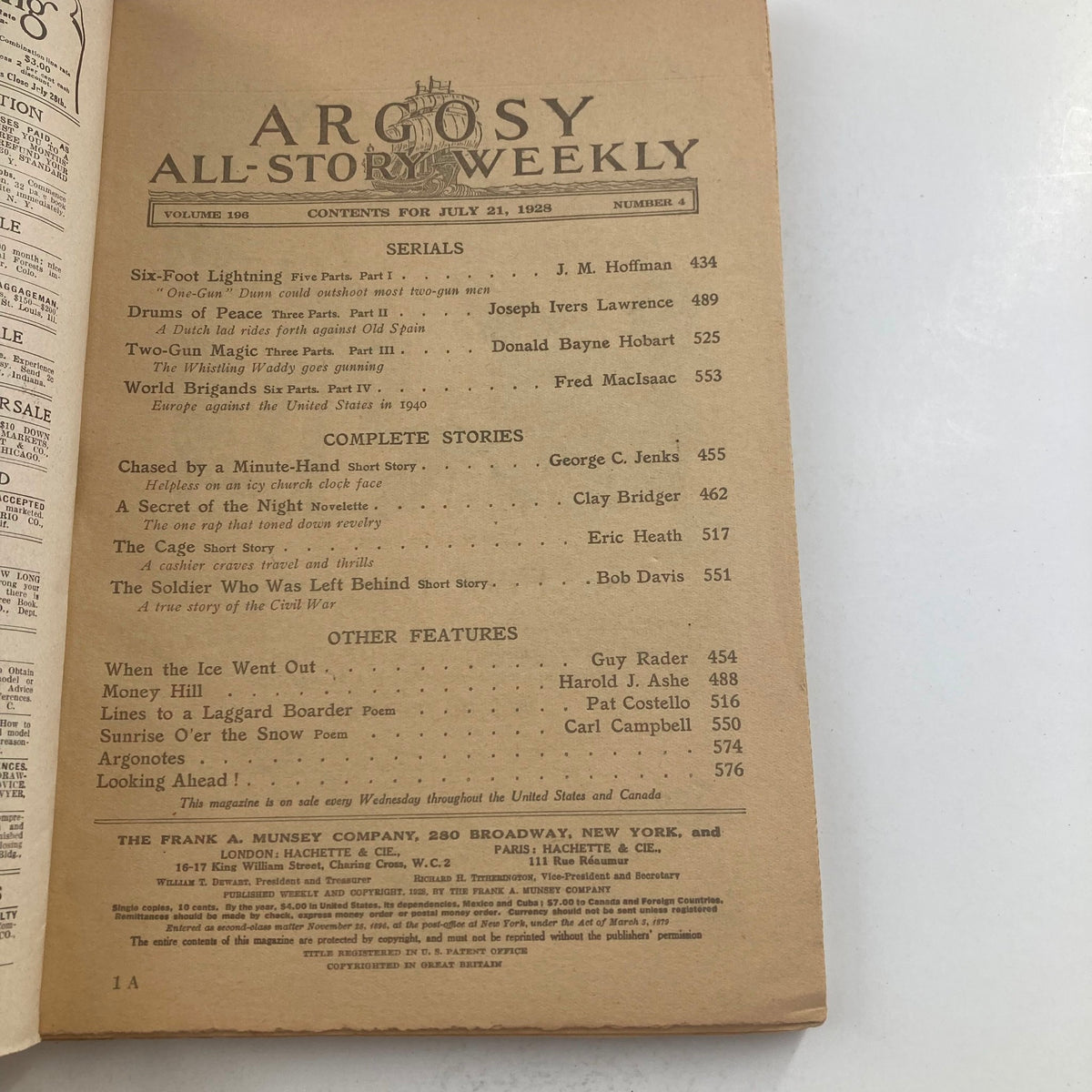 Contents page of VTG Argosy Magazine July 21 1928, Volume 196, Number 4, listing stories including 'Six-Foot Lightning' and other features.