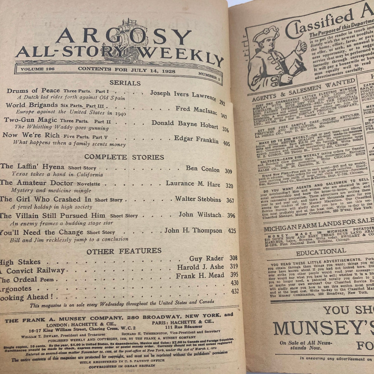 Contents page of VTG Argosy Magazine July 14 1928, Volume 196, Number 3, listing stories including 'Drums of Peace' and other features.