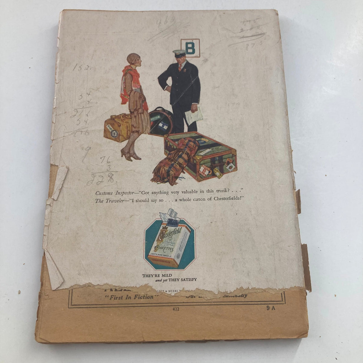 Back cover of VTG Argosy Magazine July 14 1928 featuring an advertisement with a customs inspector and a traveler, showcasing the vintage design.