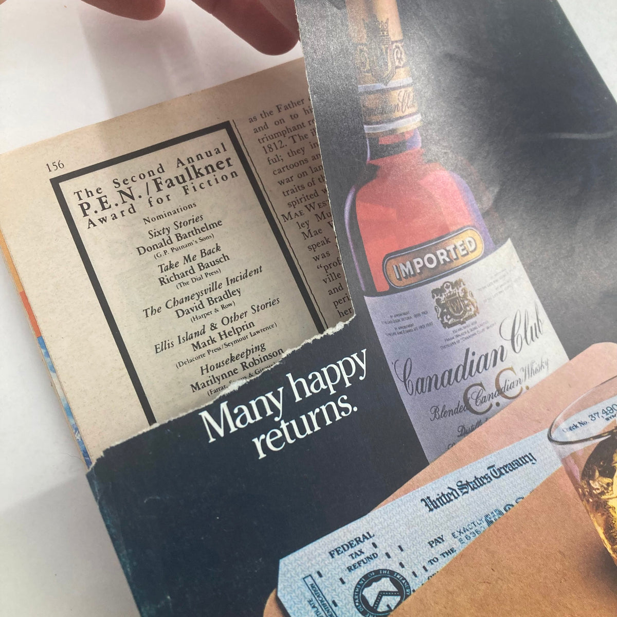 Interior view of The New Yorker Full Magazine April 12 1982 featuring a page with the P.E.N. Faulkner Award for Fiction nominations and an advertisement for Canadian Club whiskey, depicting details from the magazine's content.