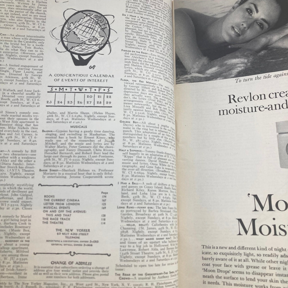 Inside view of The New Yorker Full Magazine May 22, 1965, displaying a calendar of events and advertisements, offering a glimpse into the lifestyle and culture of the era.