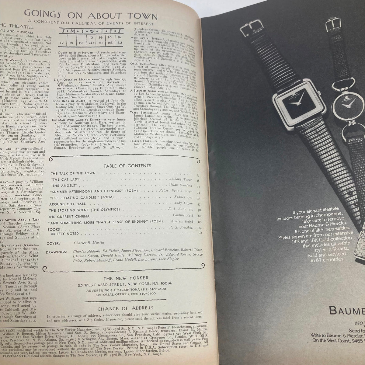 Inside page of The New Yorker Full Magazine August 18, 1980 displaying the 'Goings On About Town' section with a table of contents and an advertisement for Baume & Mercier watches.