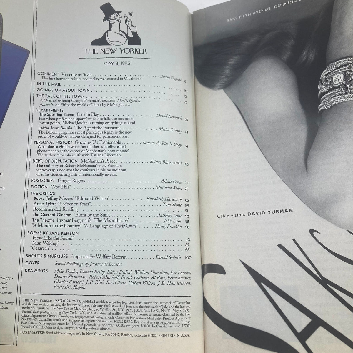 Table of contents from The New Yorker Full Magazine May 8 1995 featuring articles and illustrations including Sweet Nothings by Jacques de Lousal and advertisements.