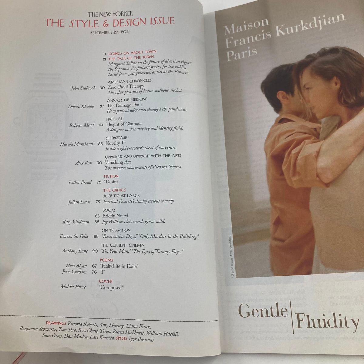 The New Yorker Full Magazine September 27 2021 features the contents page showcasing articles including 'Going On About Town' and 'The Current Cinema'. Designed by Malika Favre.