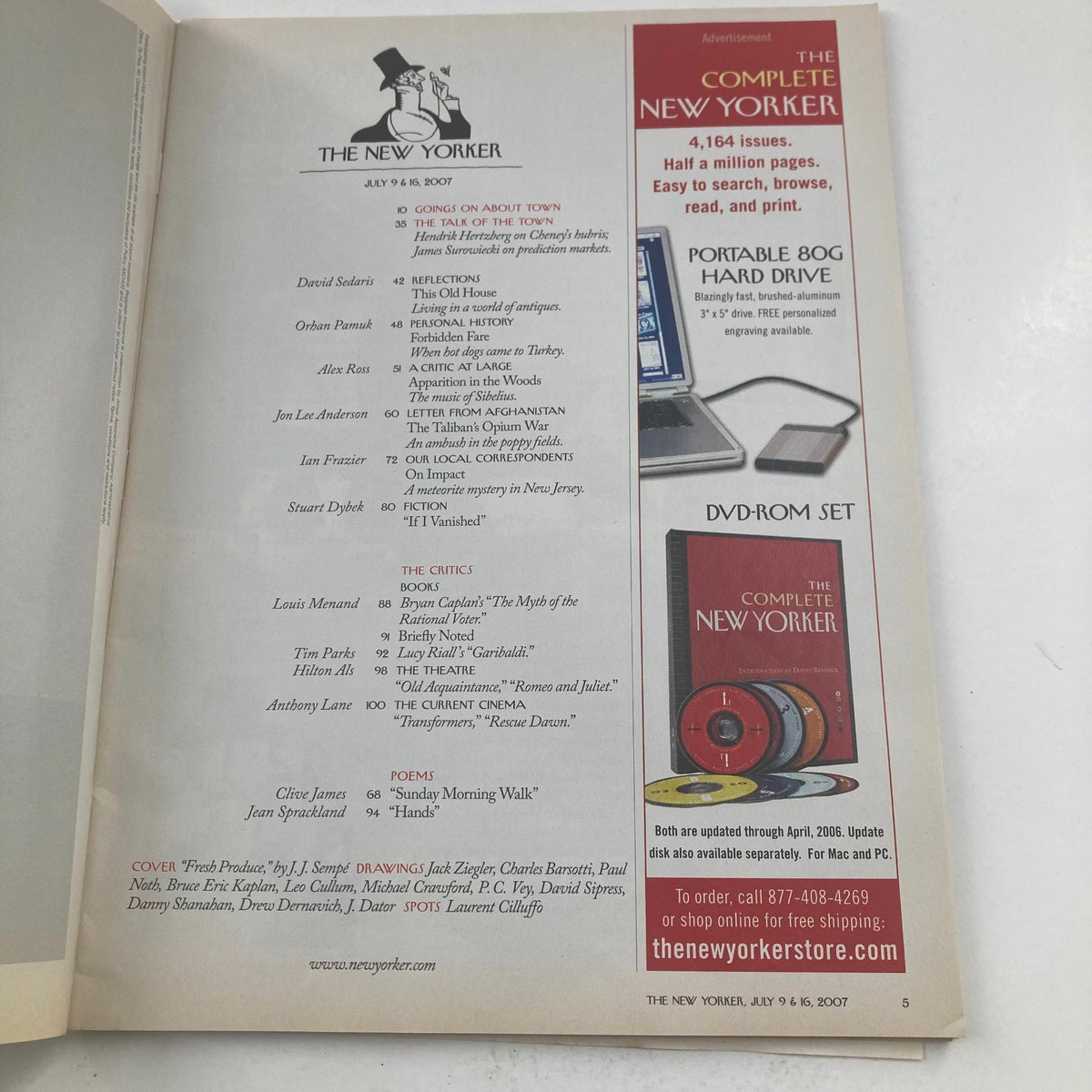 Interior page of The New Yorker Full Magazine July 9 2007, displaying the table of contents and ad for the Complete New Yorker DVD-ROM set.