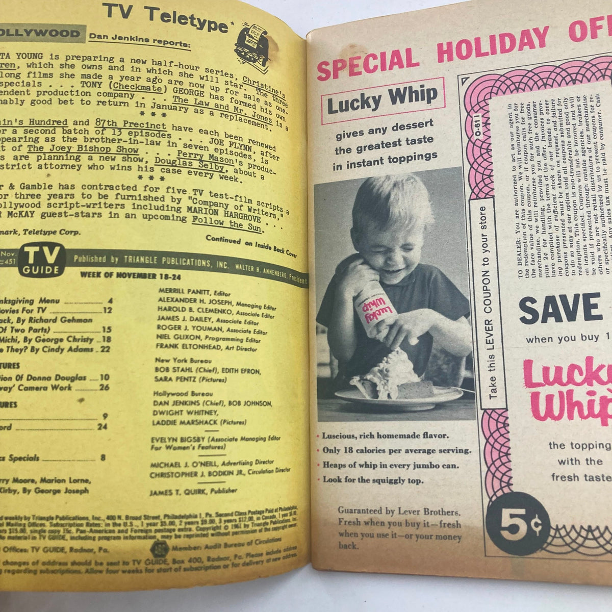 Inside view of TV Guide Magazine November 18 1961 with TV Teletype section and advertisements, reflecting the media culture of the early 1960s.