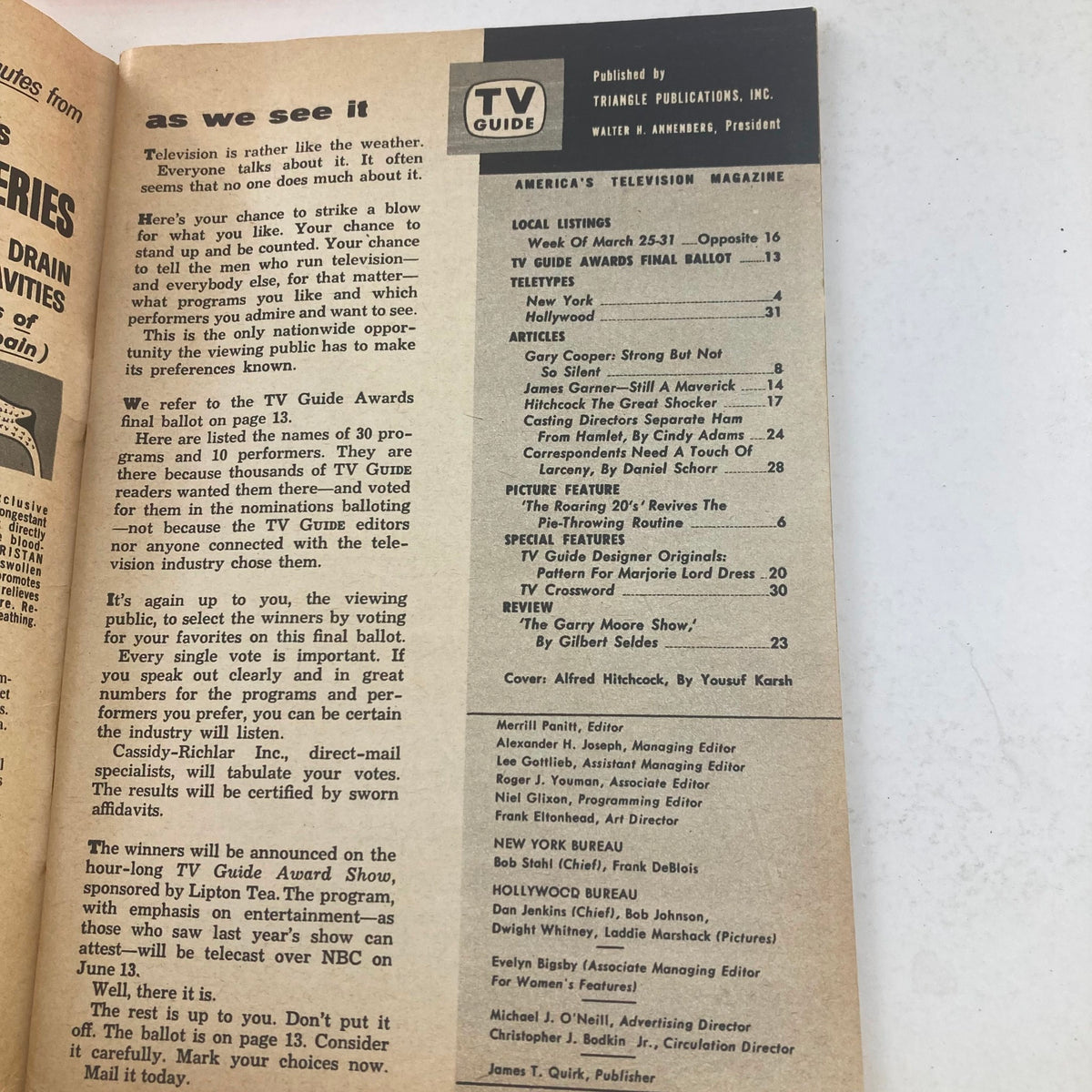 Interior page of TV Guide Magazine March 25 1961, showcasing local program listings and information about TV Guide Awards, with a focus on viewer participation.