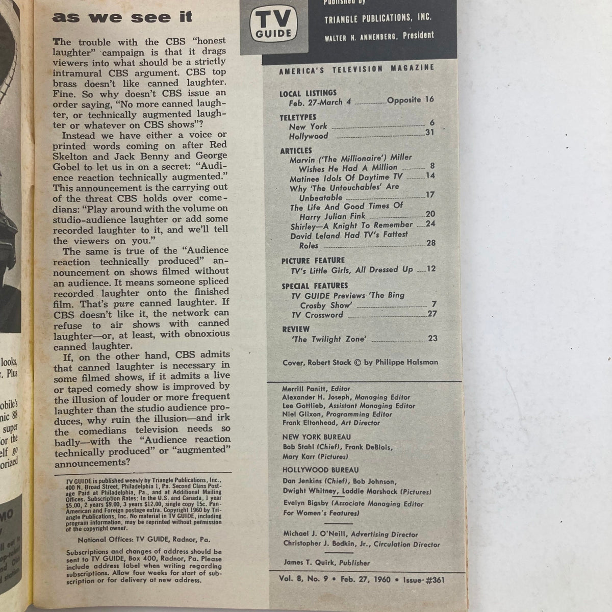 Interior page of TV Guide Magazine February 27, 1960, issue #361 featuring articles, local listings, and a picture feature on Robert Stack. This page reflects the television programming and cultural discussions of the 1960s.
