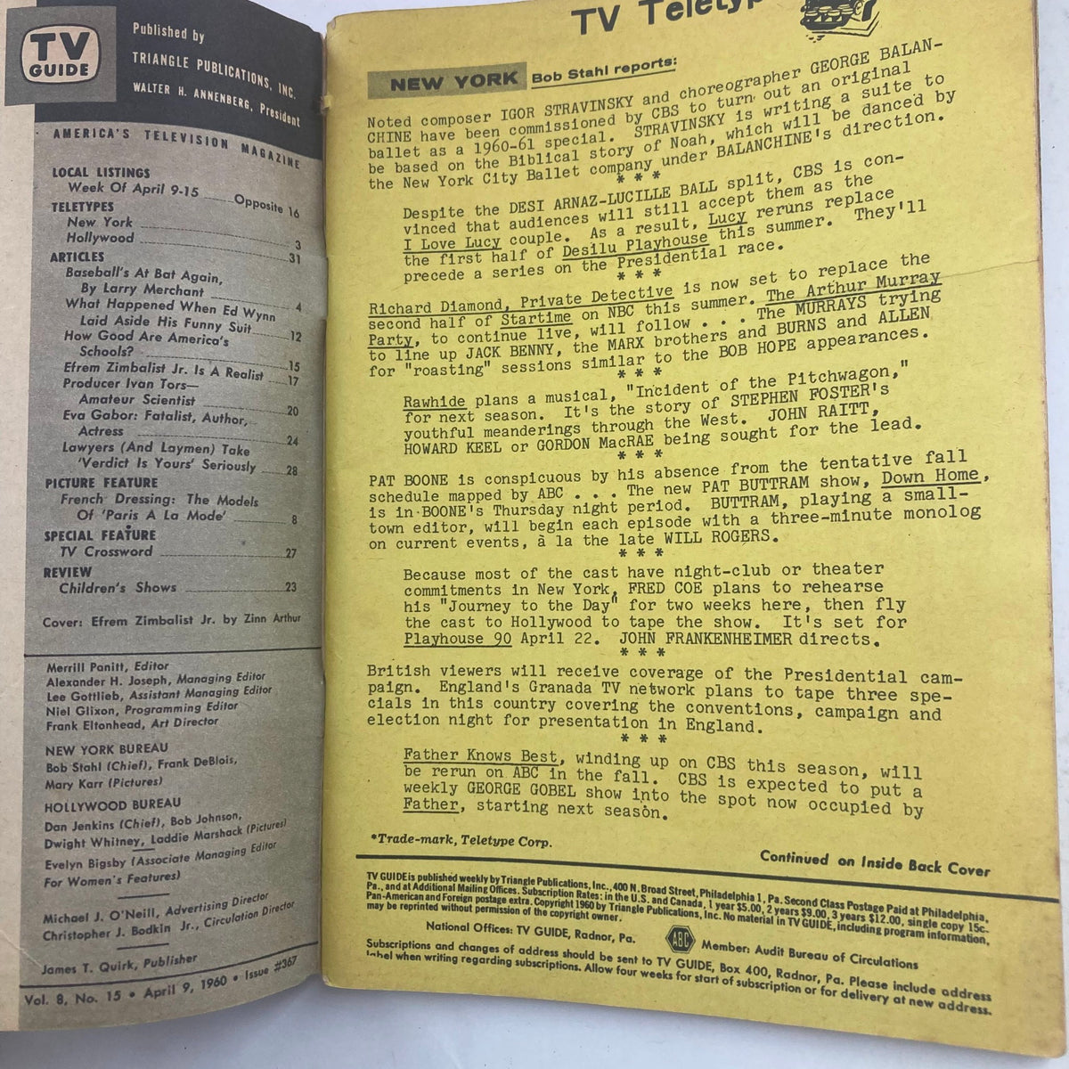 Inside page of TV Guide Magazine April 9 1960, displaying TV telecasts information and articles relevant to the week.