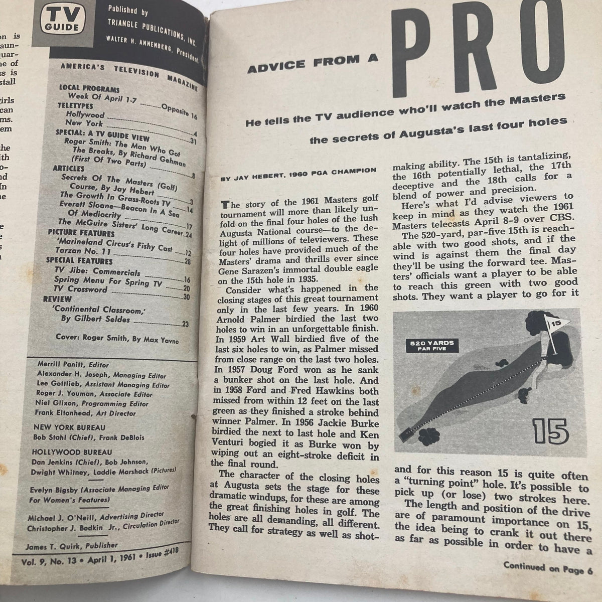 Inside layout of TV Guide Magazine April 1, 1961, showcasing the program listings and features including an article about the Masters golf tournament and its TV coverage.