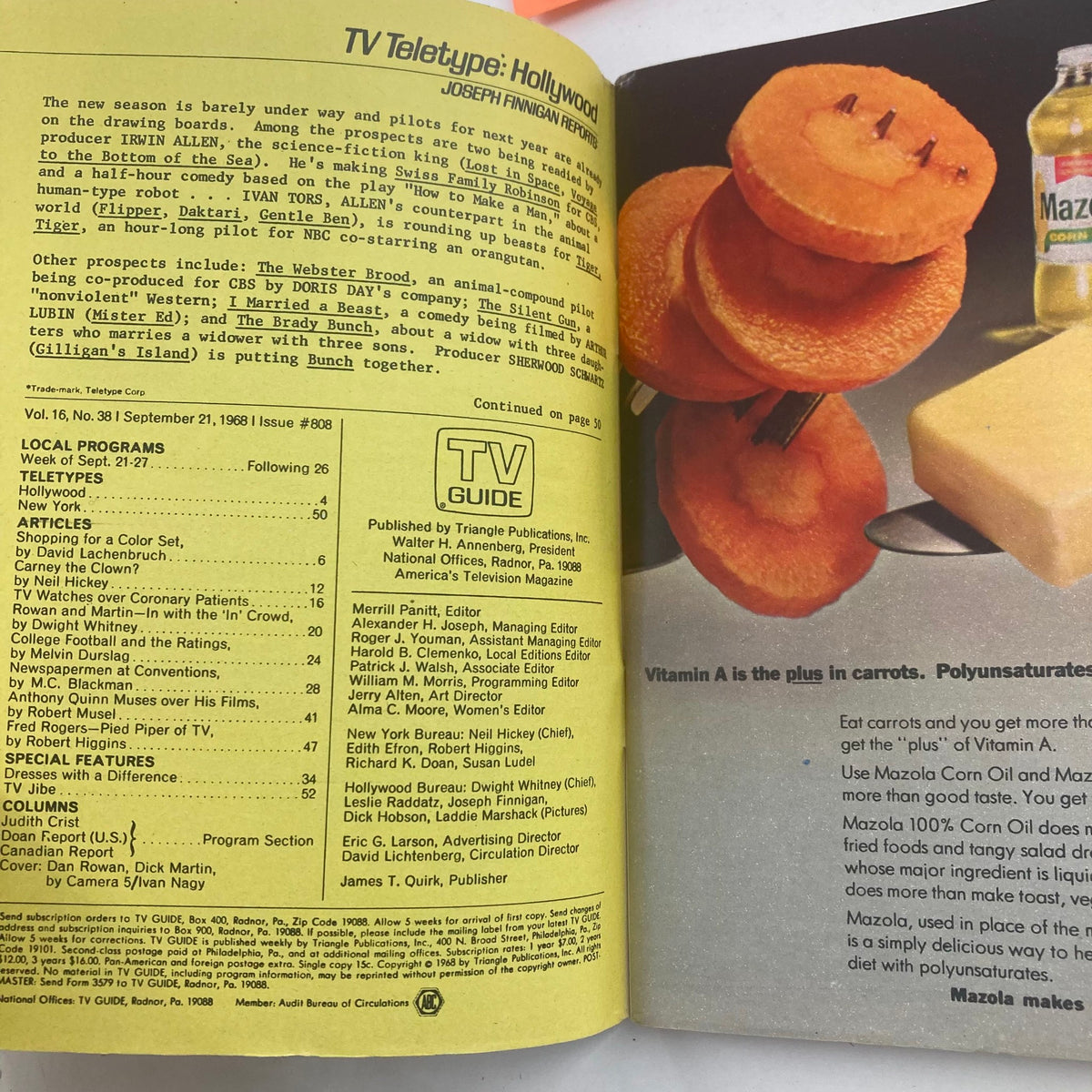 Inside view of TV Guide Magazine September 21 1968 #808, featuring TV Teletype articles, local programs listing, and advertisements, showcasing the television landscape of the late 1960s.