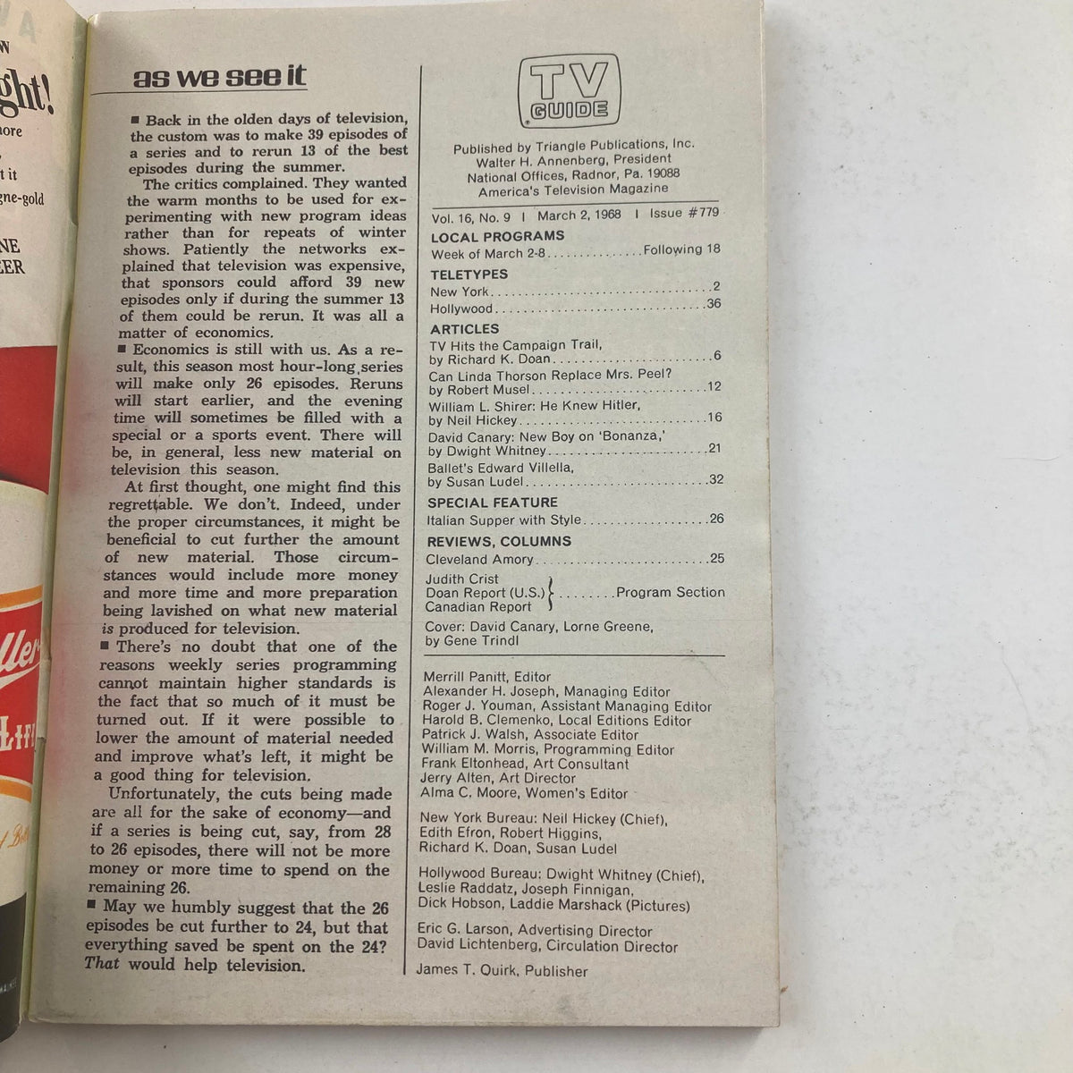Inside page of TV Guide Magazine March 2 1968, Issue #779, featuring the contents and articles, including mentions of television programming and iconic personalities like David Canary and Lorne Greene.