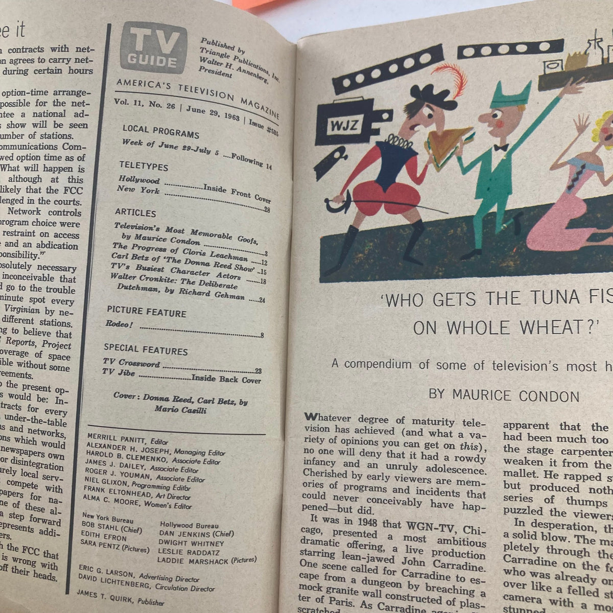 Interior pages of TV Guide Magazine June 29, 1963, issue #535, displaying a table of contents and articles focused on television shows and entertainment from the 1960s.