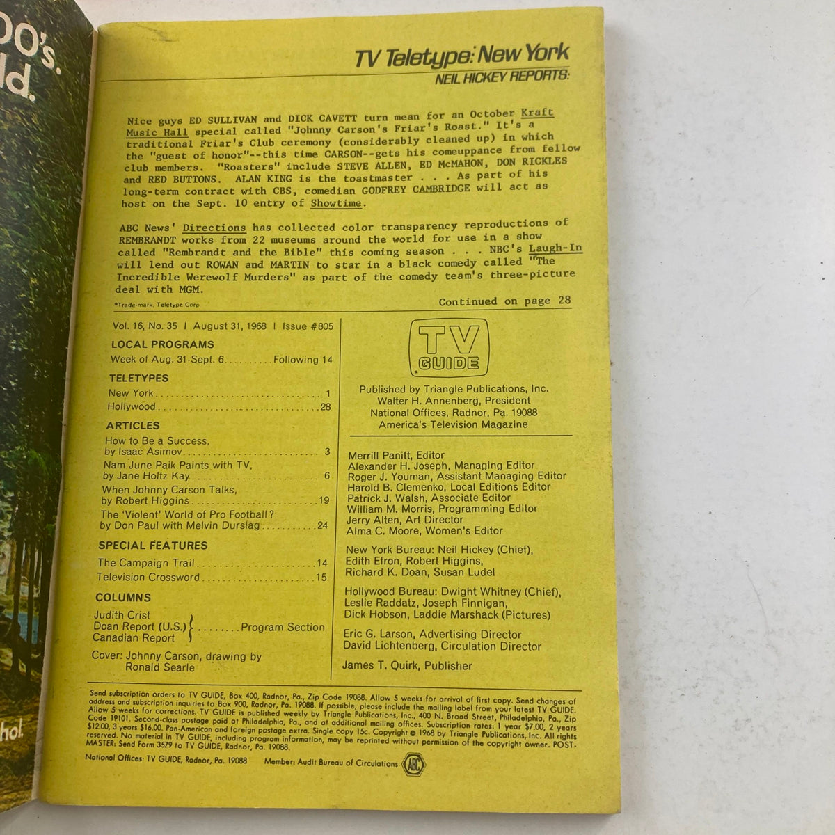 Inside page of TV Guide Magazine August 31, 1968 #805 showcasing articles and listings, including a section on Johnny Carson, providing a glimpse into the television landscape of the late 1960s.