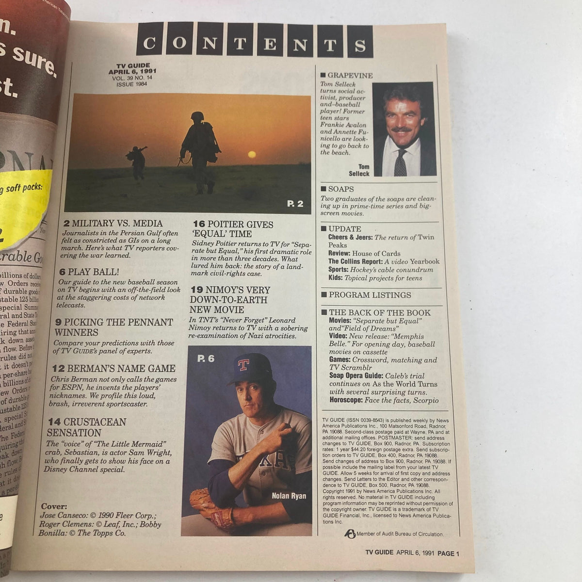 Contents page of TV Guide Magazine April 6, 1991, issue number 1984, listing articles and features including sections on military versus media and Sidney Poitier.